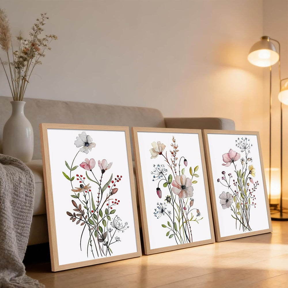 3Pcs Framed Botanical Wall Art Set of Watercolor Floral Canvas Prints Wildflo...