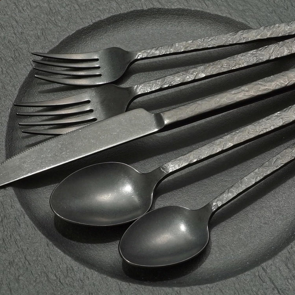 KINGSTONE 30 Pcs Black Hammered Silverware Set for 6, 18/10 Stainless Steel Heavy Duty Flatware Set, Tableware Cutlery Utensil Sets for Home Restaurant Dishwasher Safe