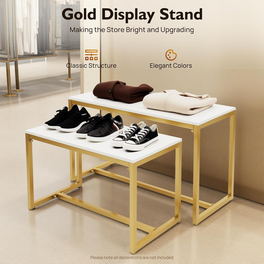 Metal Shoe Handbag Display Stand,Nesting Tables 2 Piece Set,Gold White Displa...
