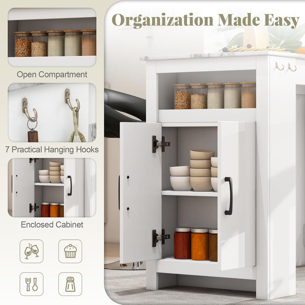 COSTWAY Bar Table, Modern Faux Marble Breakfast Table with 7 Hanging Hooks, Open Compartment, Storage Cabinet & Adjustable Shelf, Counter Height Dining Table for Kitchen, Dining Room, Living Room | 7 Hanging Hooks, Open Compartment, Storage Cabinet &