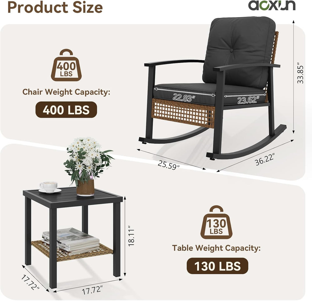 Aoxun 3 Piece Outdoor Rocking Chairs Bistro Set, Rattan Patio Furniture with ...