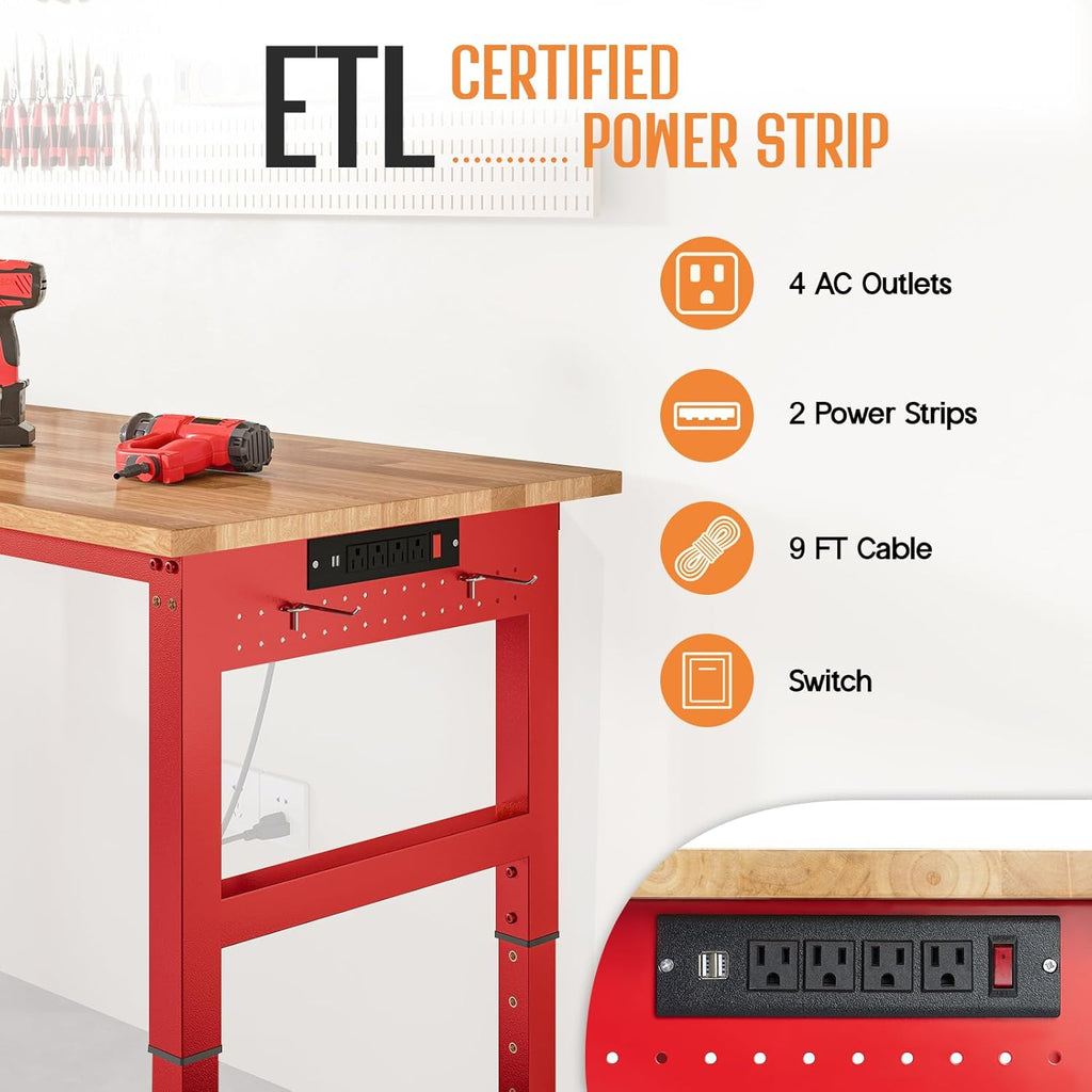SPECRAFT 84" Red Adjustable Heavy Duty Workbench with 4 AC Outlet and 2 USB Ports Power Outlets, 6000 Lbs Capacity, Rubber Wood Top for Garage, Workshop, Office