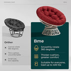 Bme 40" Ergonomic Wicker Papasan Chair with Soft Thick Density Fabric Cushion, High Capacity Steel Frame, 360 Degree Swivel for Living, Bedroom, Reading Room, Lounge, Cherry Sangria - White Base