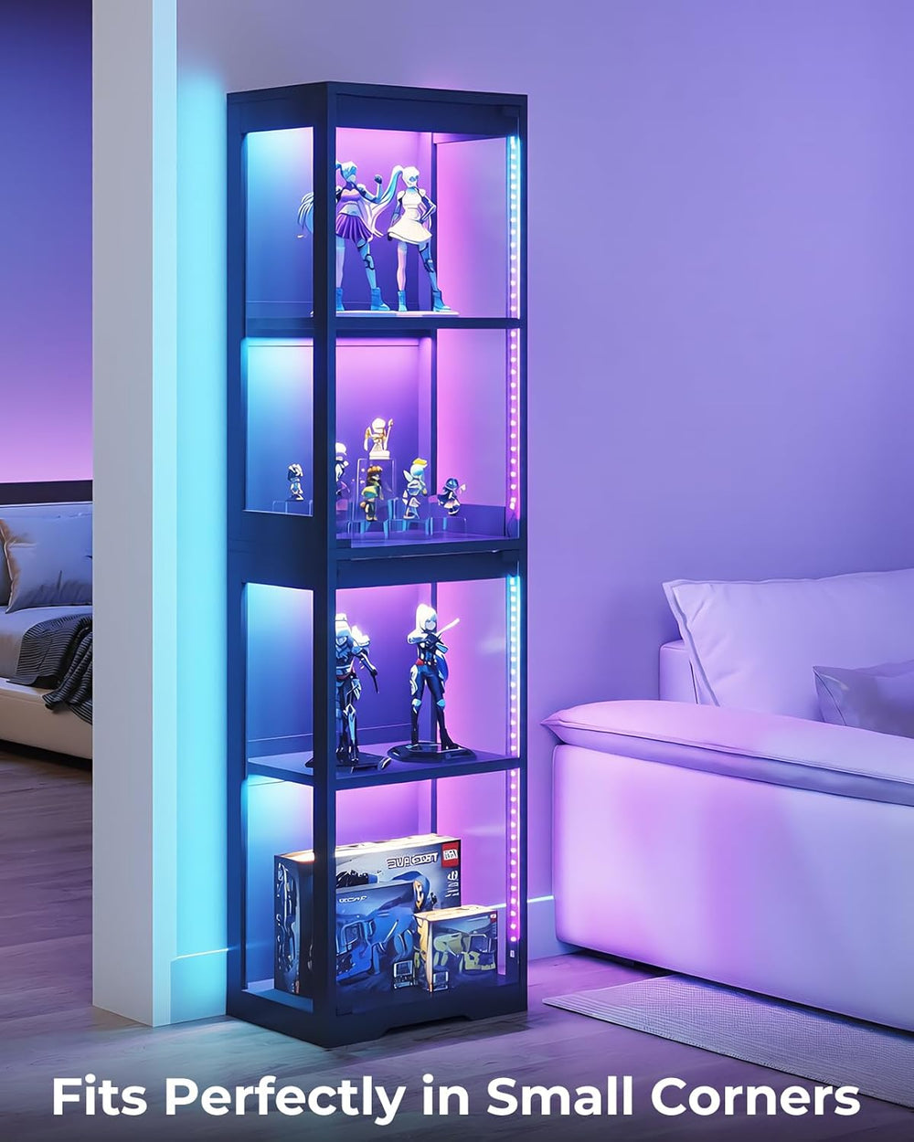 AODK Display Cabinet with Glass Doors, Glass Display Case with RGB LED Light,...
