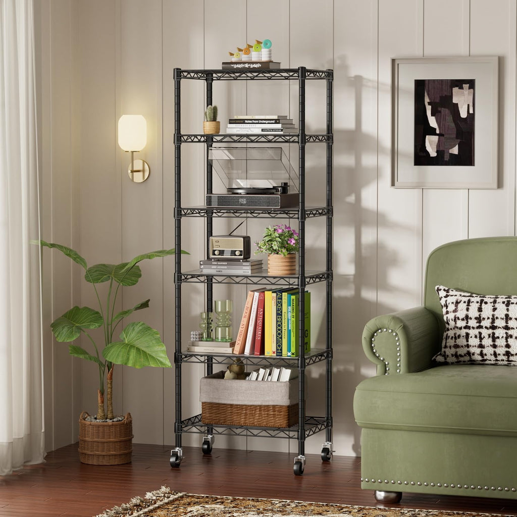 SINGAYE 6 Shelf Storage Wire Shelves Closet Bathroom Organizers Metal Pantry Kitchen Small Garage Shelving Unit Laundry Room Organization Home Narrow Rack Net Basket with Wheels Black
