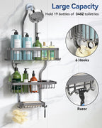 YASONIC Shower Caddy Hanging - Never Rust Organizer - Aluminum over The head caddy with 10 Hooks for Razor/Sponge - Shower Rack with Soap Basket - Grey