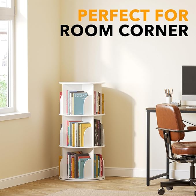 SpaceAid 3 Tier Rotating Bookshelf Tower, Spinning Bookcase Lazy Susan, Revolving 360 Book Shelf Storage Round Carousel, Vertical Rotate Turning Spiral Corner Organizer, White