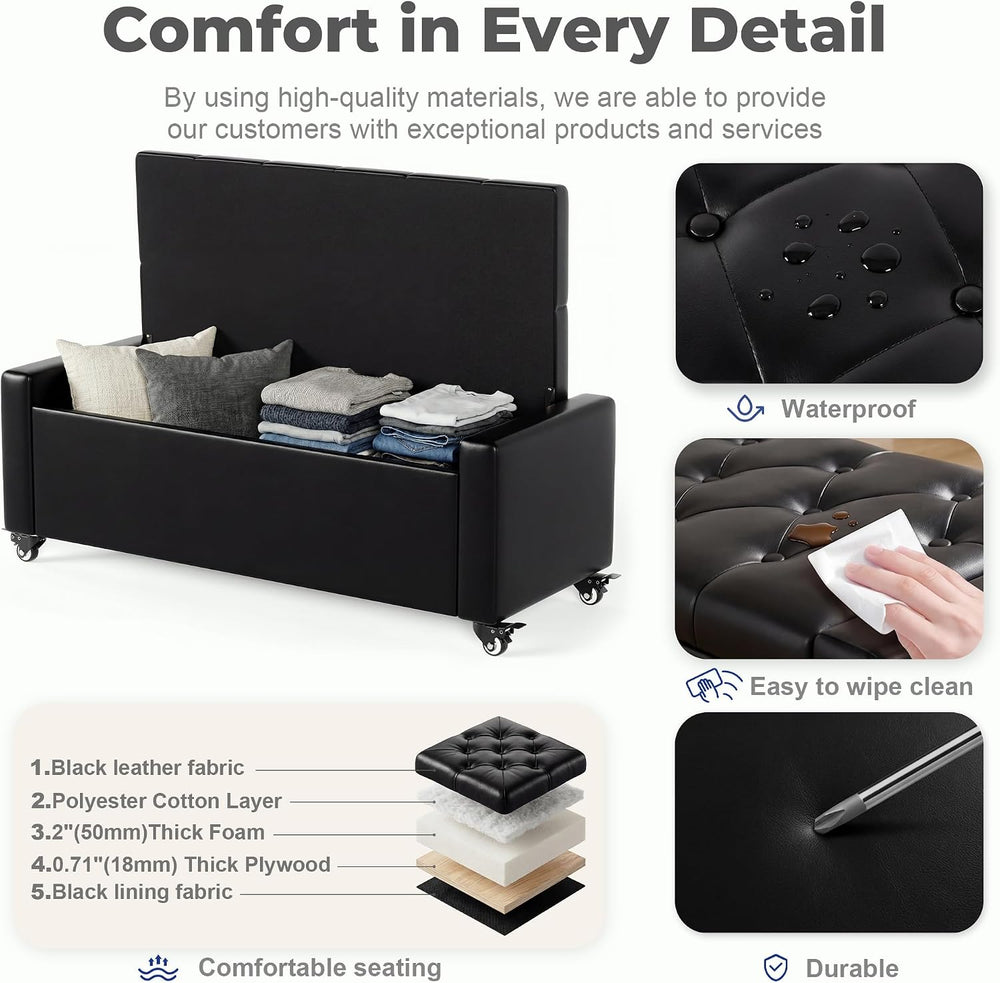 50” Ottoman Bench with Storage, Upholstered Faux Leather End of Bench for Bed...