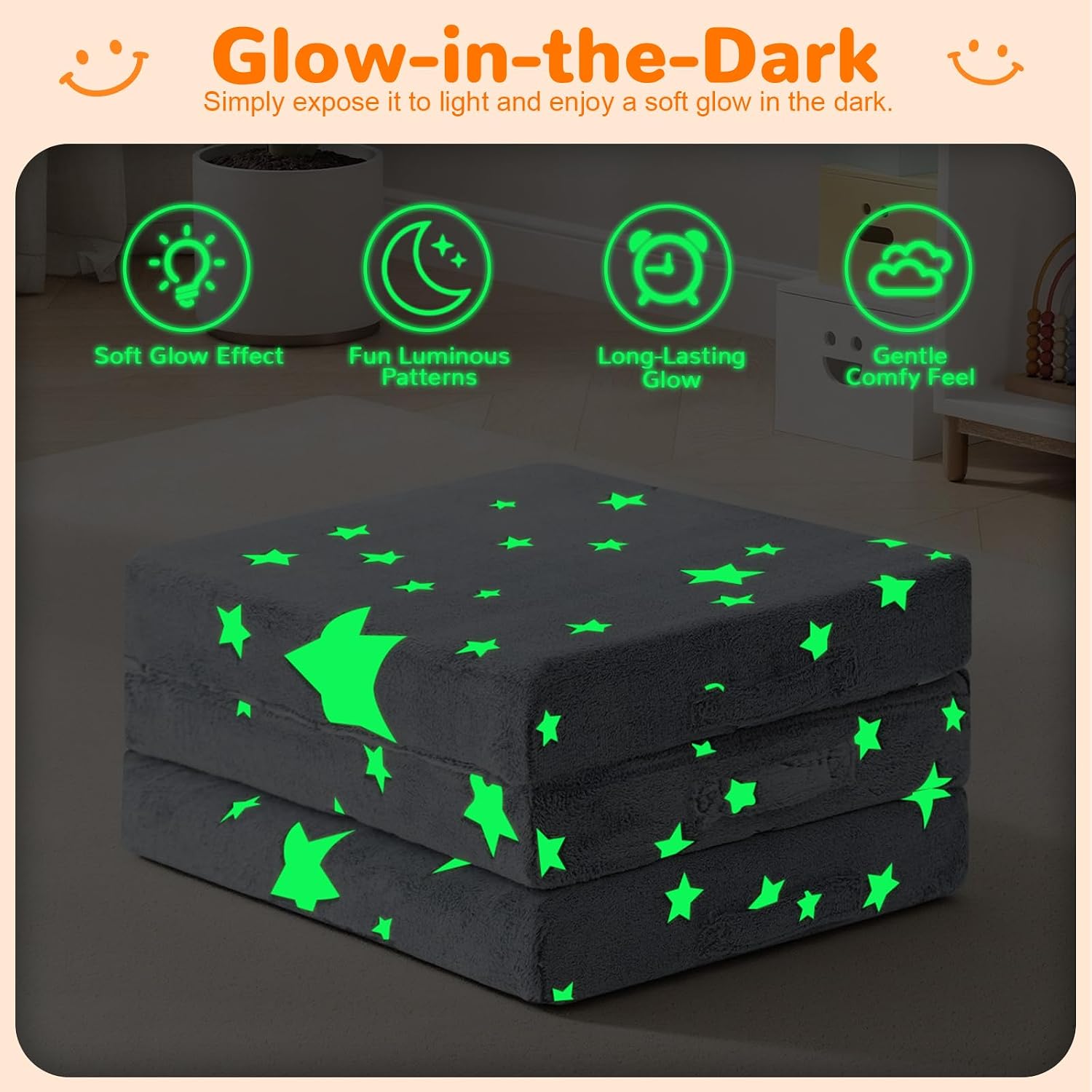 MeMoreCool Foldable Floor Mattress for Kids, Glow Star Trifold Mat, Kids Folding Mattress Portable Futon, 57x22 Inch Grey