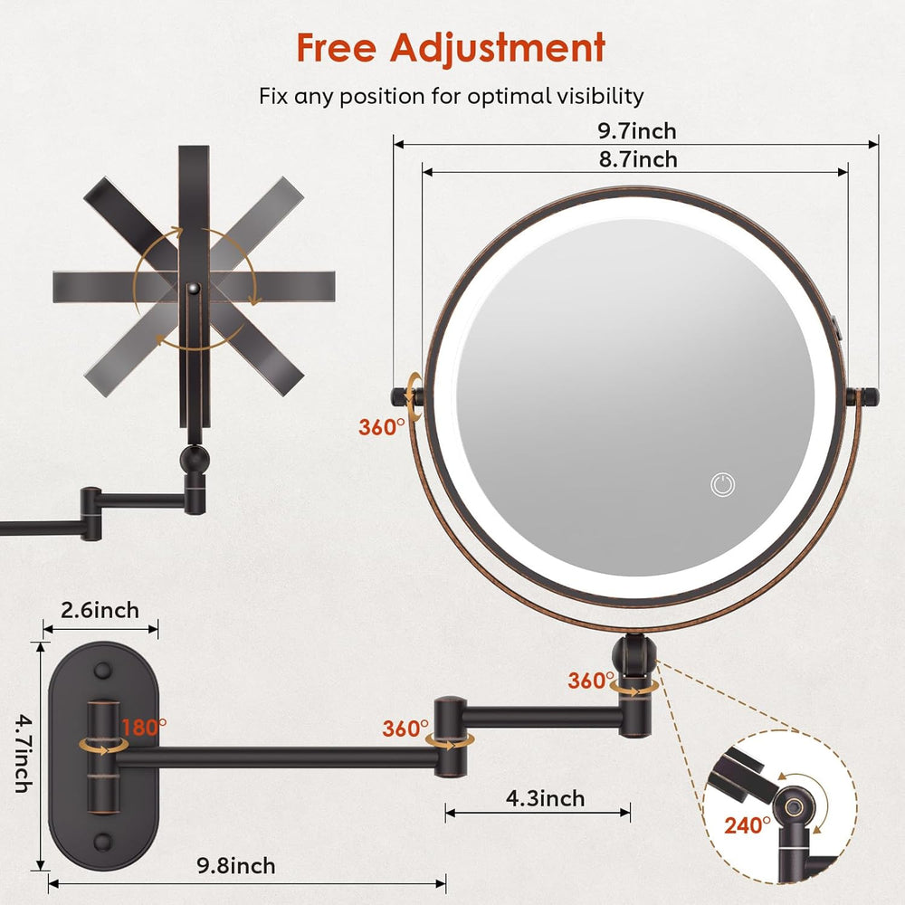9" Wall Mounted Lighted Makeup Mirror,4000mAh Rechargeable Double Sided ...