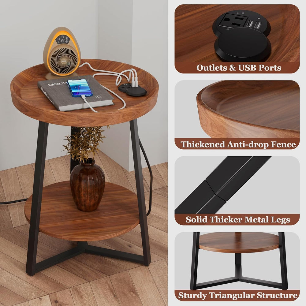 Gadroad Round End Table with Charging Station, Wood Tabletop & Black Meta...