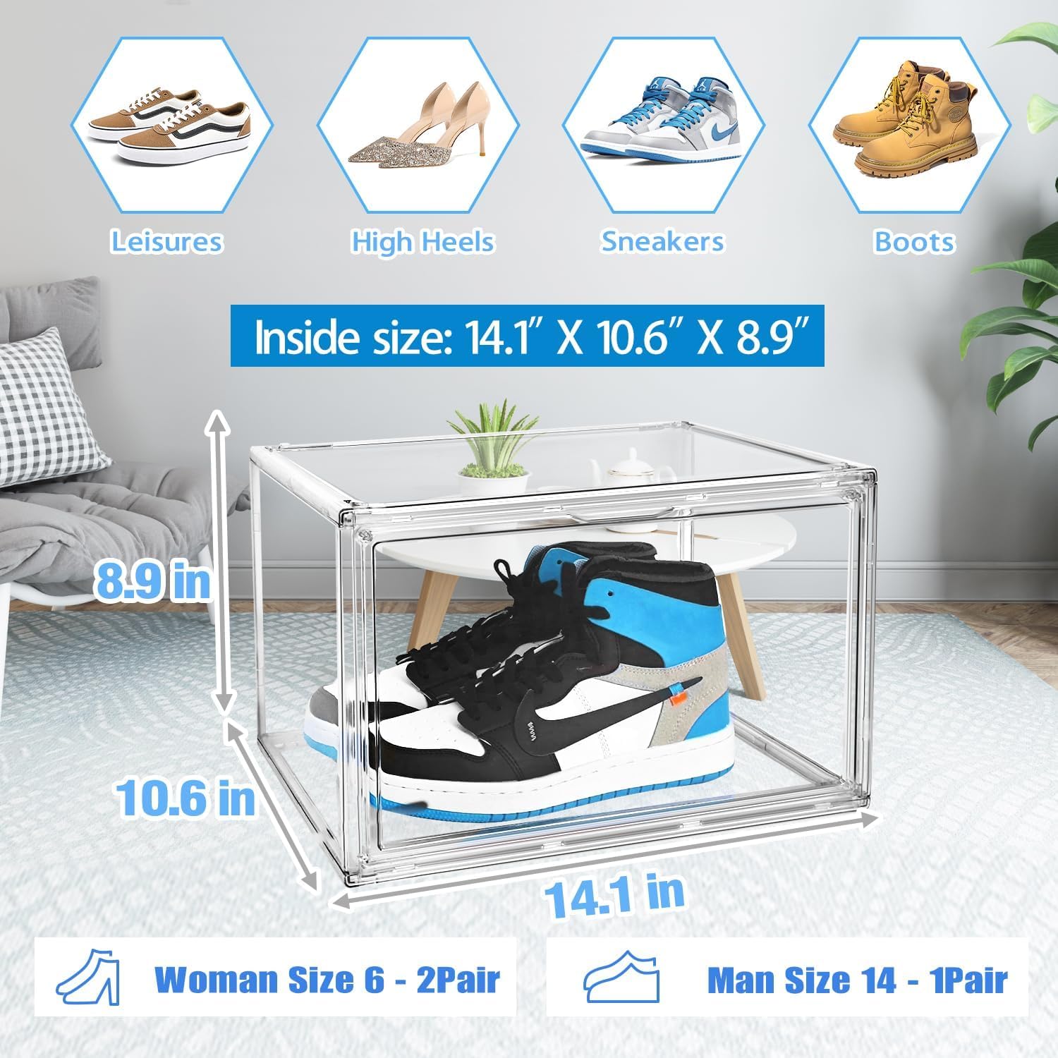 5 Pack Acrylic Shoe Box Size 14, Clear Plastic Stackable Sneaker Shoe Display Case Transparent Storage Bins Handbag Organizer Containers with Magnetic Lids, Figures Collectibles Showcase