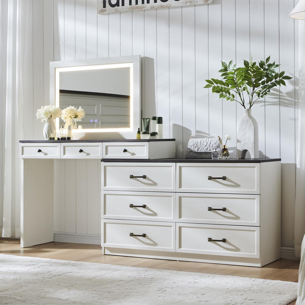 Aitjunz 69" W Farmhouse Vanity Desk with Glass Top,9 Drawers, Antique Wh...