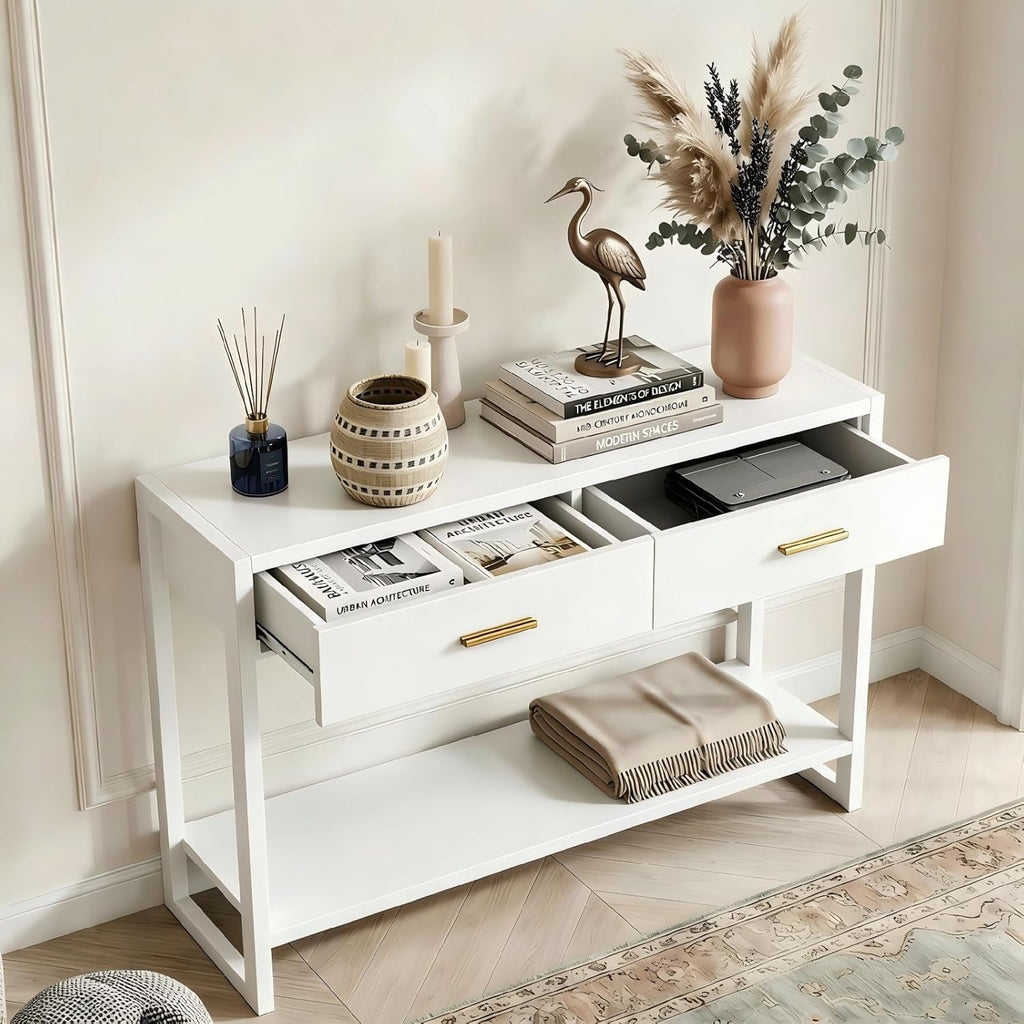 Slim Entryway Console Table with Foot-Sensor Light - 2 Deep Drawers & Open Center Shelf, Reinforced Legs & Comfortable Metal Handles, Multi-Scene Use for Hallway/Living Room/Small Apartment