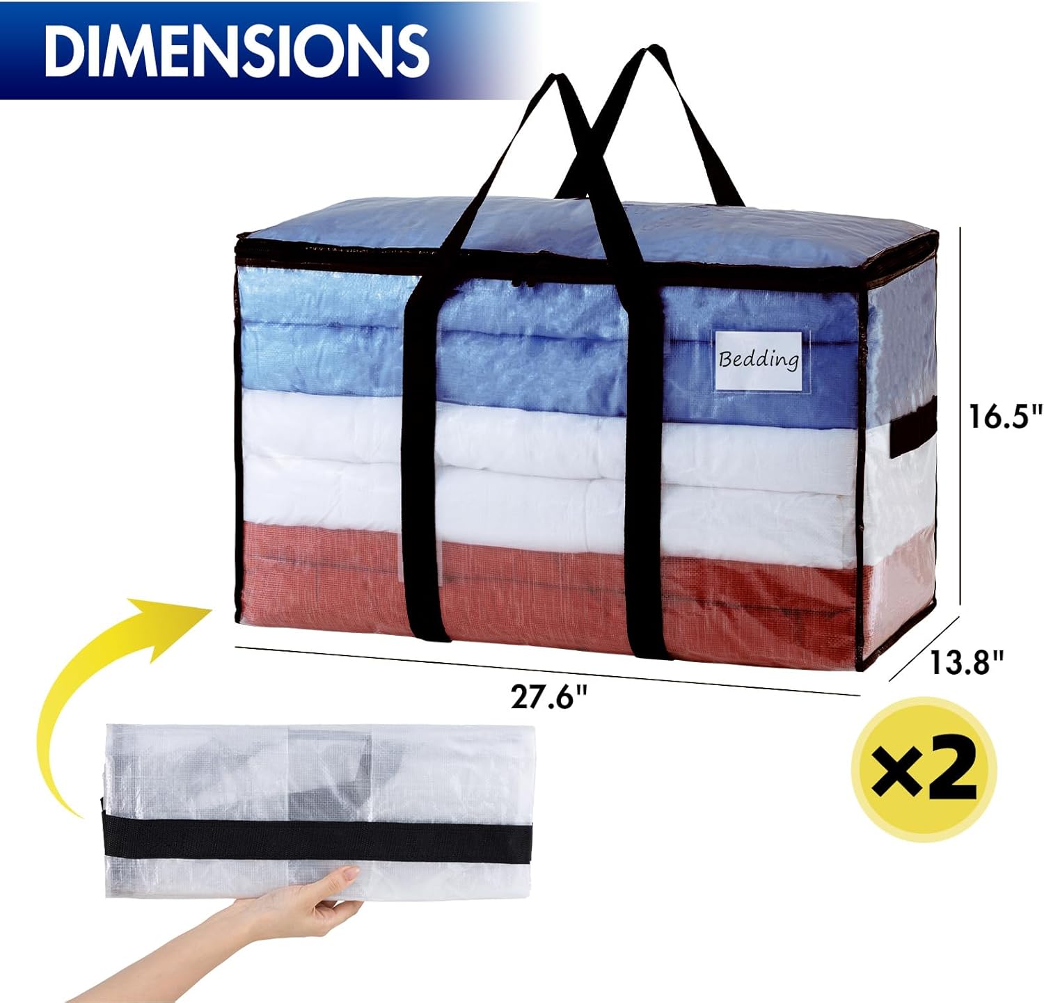 TAILI Extra Large Moving Bags, 2 Pack Clear Heavy Duty Totes for Storage with Visible Window, Wrap Around Handles, Storage Bags for Space Saving, Alternative to Moving Boxes