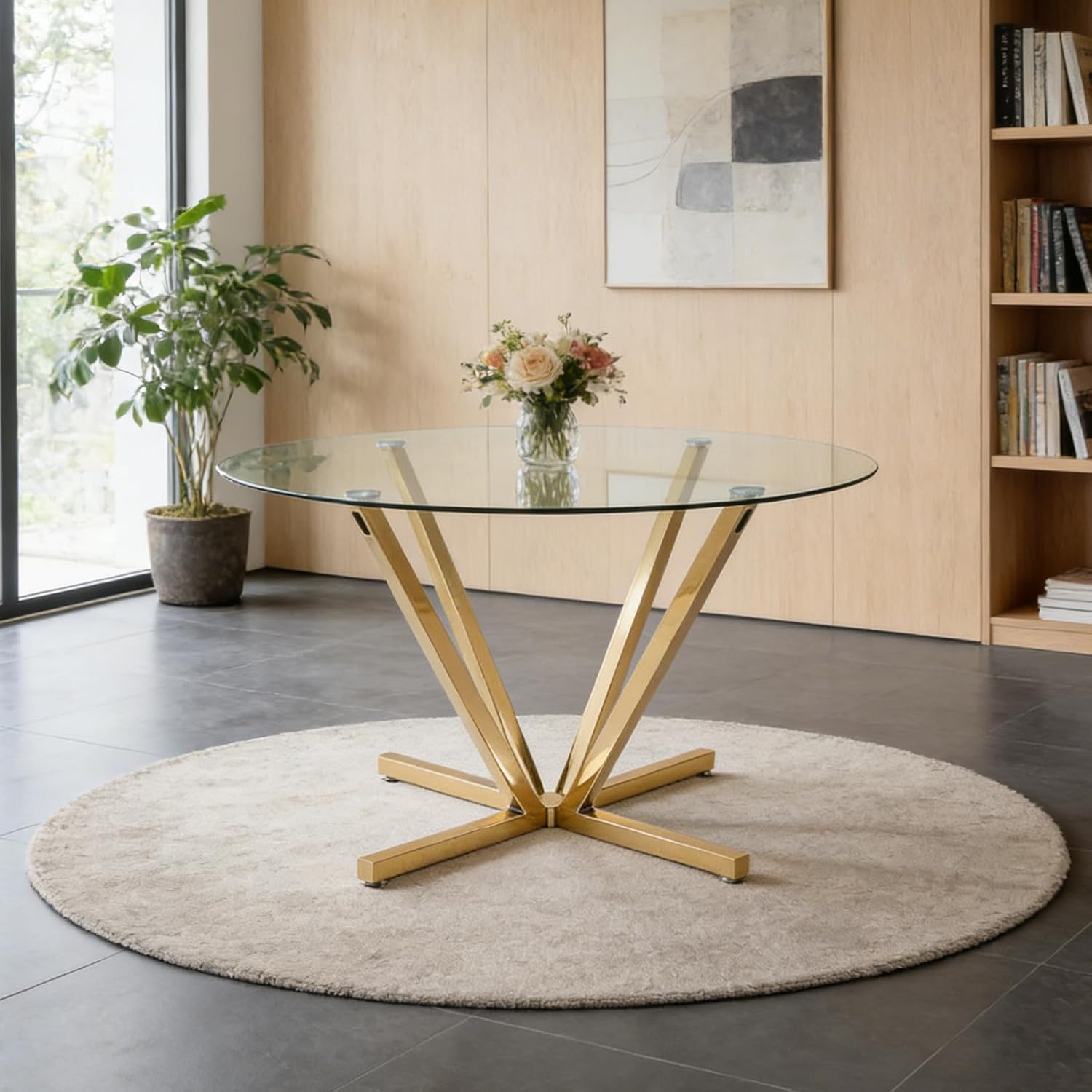 SSLine 45.2" Round Glass Dining Table for 4 Modern Circle Glass Tabletop Kitchen Table for 4 Luxury Dinner Tables with Gold Metal Legs for Home Kitchen Dining Room(Table Only)