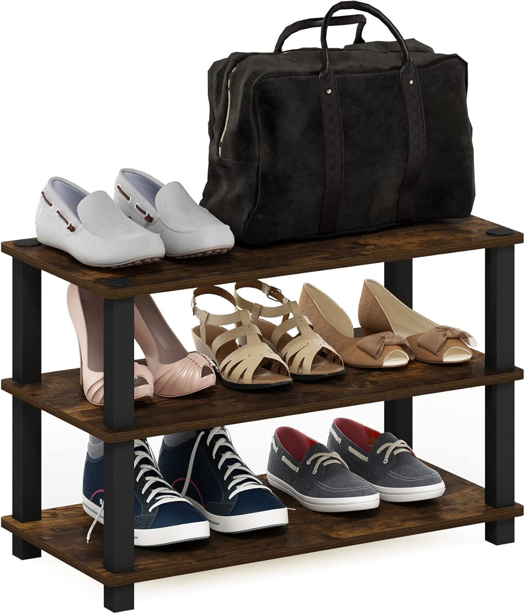 Furinno Turn-S-Tube 3-Tier Shoe Rack, Amber Pine/Black