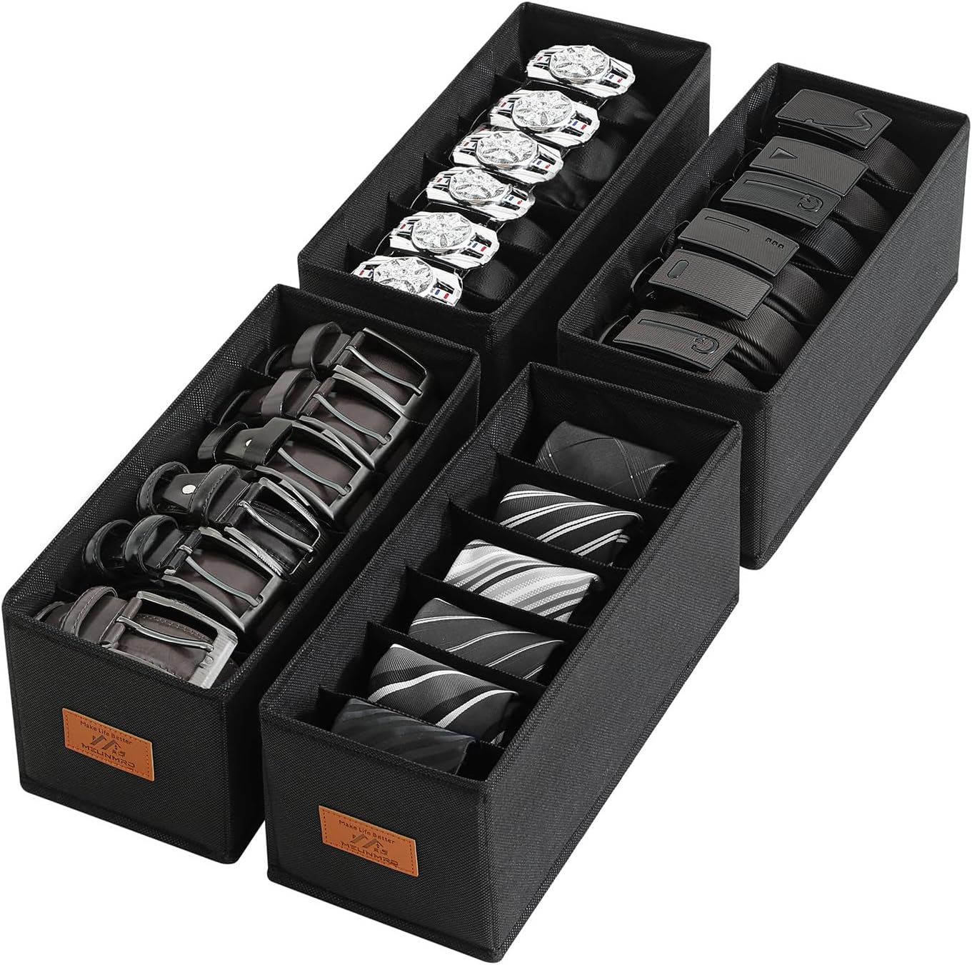 4 PCS Belt Organizer for Closet, 6 Grids Belt Holder, Washable Belt Box, Foldable Tie Organizer for Men, Belt Storage for Drawer (Black, 13.38inch)