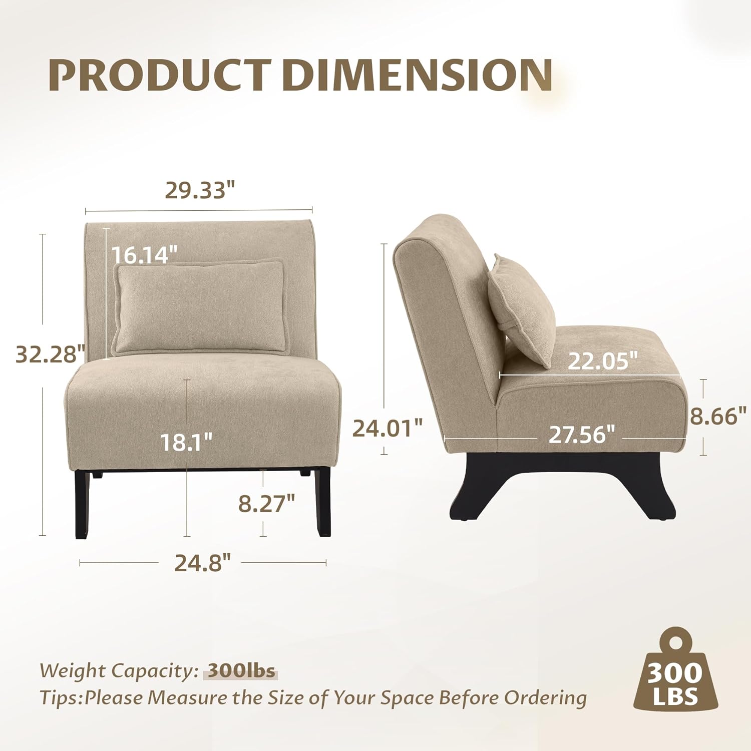 Armless Accent Chair Upholstered Comfy Modern Living Room Side Chair | Comfy Small Accent Lounge Chair with Pillow & Wooden Legs Accent Chair for Living Room Bedroom Farmhouse Reading Brown
