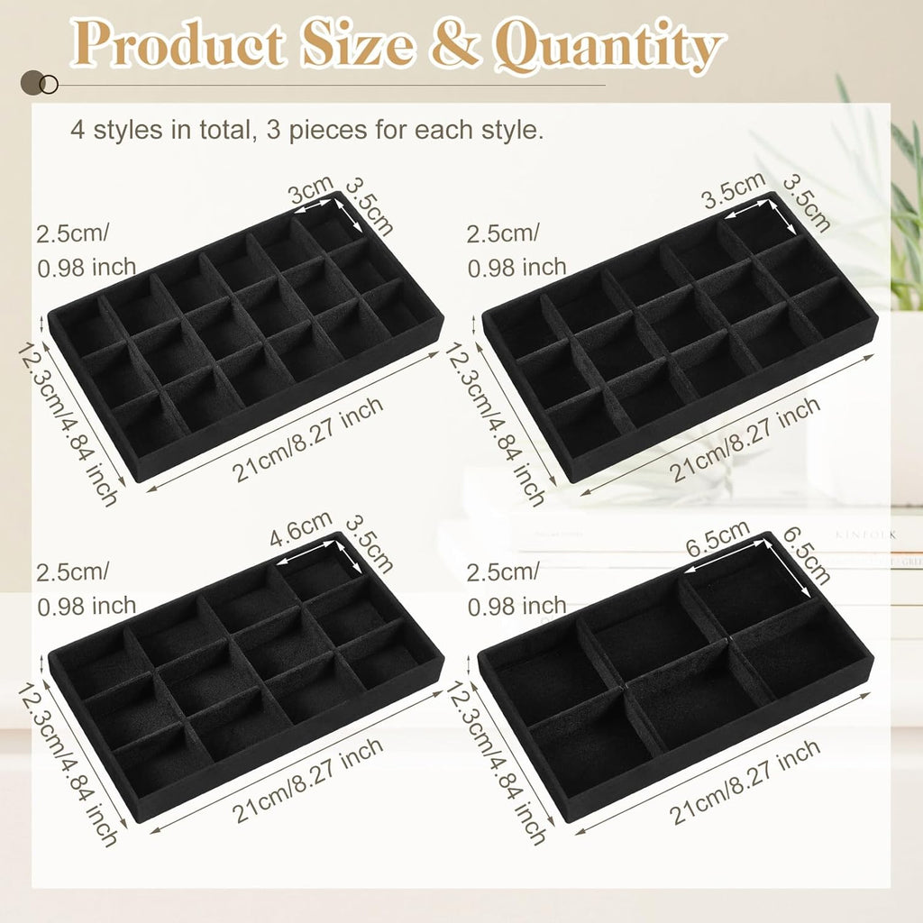 Junkin 12 Pcs Jewelry Tray Velvet Stackable Jewelry Organizer Trays Divided Earring Accessories Storage Containers Box (Rose Red)