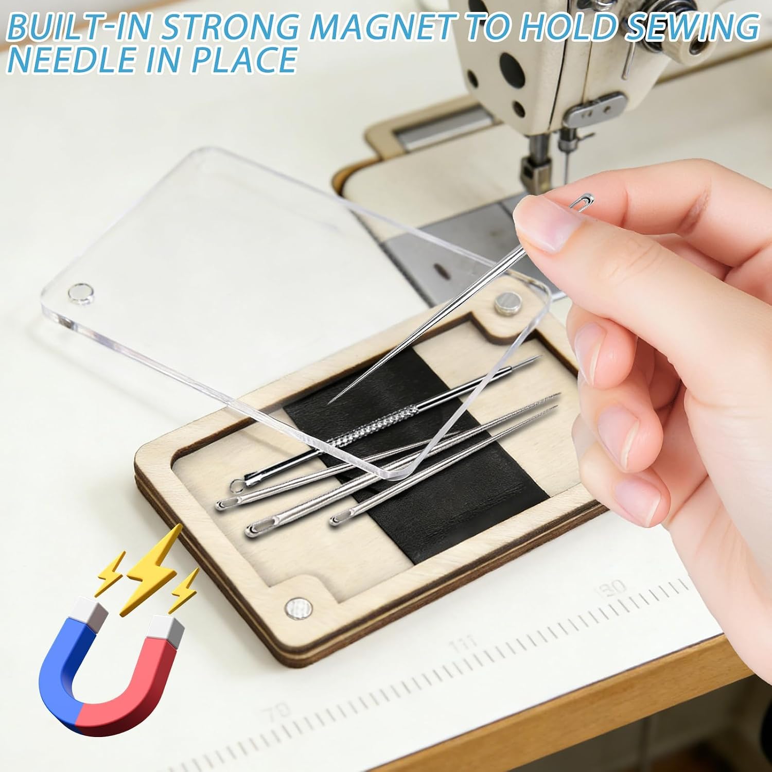HINGTAI Wooden Magnetic Needle Holder Case with Clear Lid, Sewing Needle Organizer Box with Snap Closure, Strong Built-in Magnet Secures Pins Under 6.5cm, Craft Supplies Storage Gift for Sewers