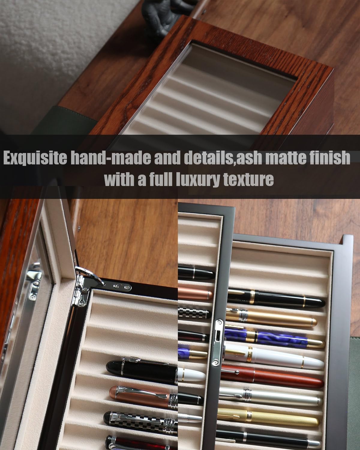 wood pen display case 36 slot Fountain pen Box storage Organizer with drawer, Top Glass Window Pen Collection Display Case