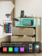 Nightstand with Charging Station and LED Lights, Modern Bedside Table with 2 Storage Drawer and Open Wood Shelf for Bedroom and Small Spaces, Night Stand with Solid Wood Legs