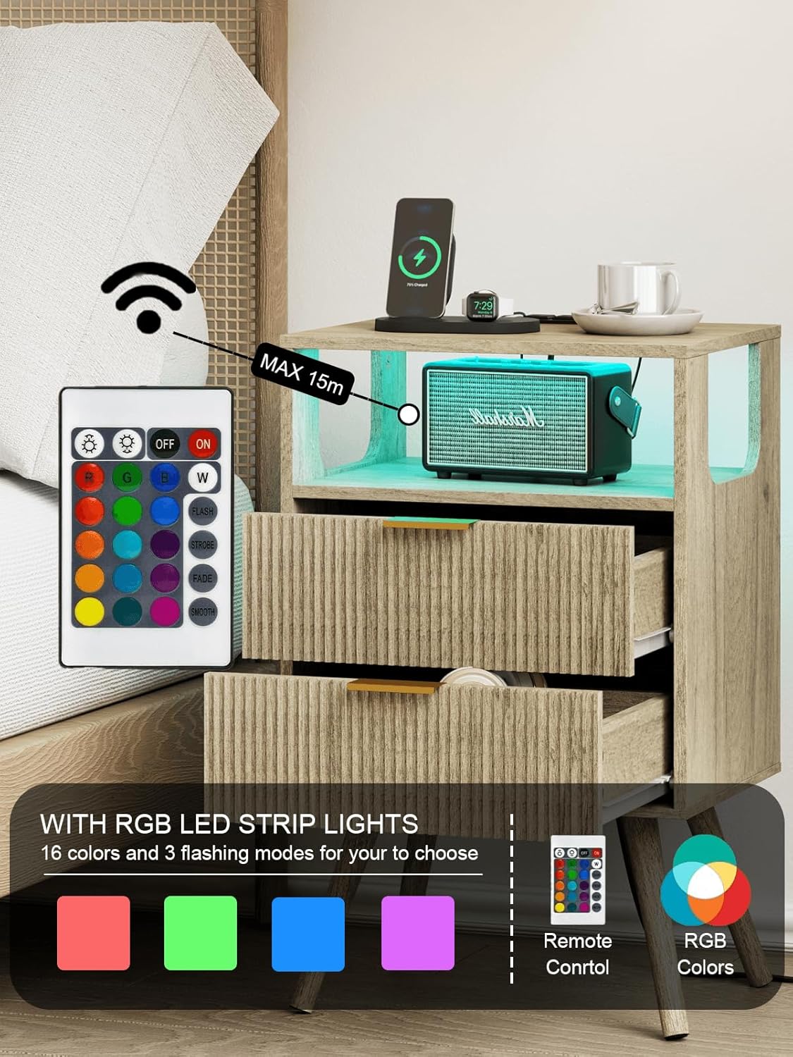 Nightstand with Charging Station and LED Lights, Modern Bedside Table with 2 Storage Drawer and Open Wood Shelf for Bedroom and Small Spaces, Night Stand with Solid Wood Legs