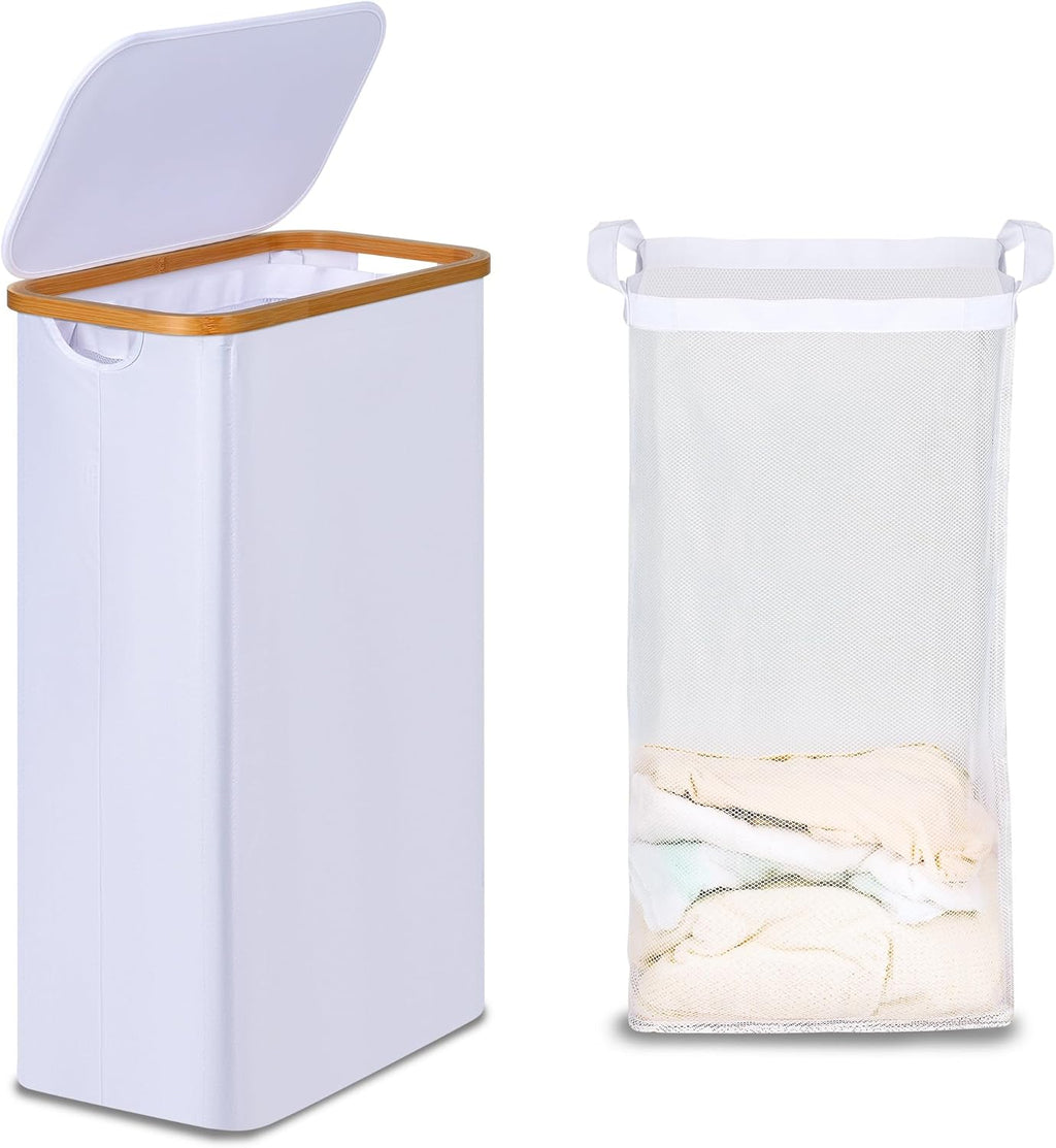 efluky Slim Laundry Basket with Lid, Narrow Laundry Hamper with Removable Bag, Skinny Dirty Clothes Basket with Bamboo Handles for Bathroom, Bedroom & Laundry Room, 75L White