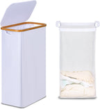 efluky Slim Laundry Basket with Lid, Narrow Laundry Hamper with Removable Bag, Skinny Dirty Clothes Basket with Bamboo Handles for Bathroom, Bedroom & Laundry Room, 75L White