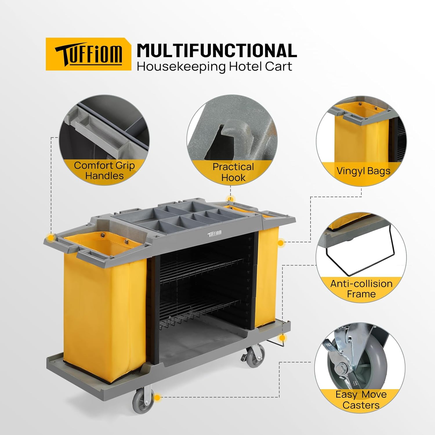 Premium Hotel & Housekeeping Cart on Wheels, 154LBS Multifunctional Commercial Cleaning Cart with Large Capacity Vingyl Bags, Comfor Grip Handles and Easy Move Casters, Gray