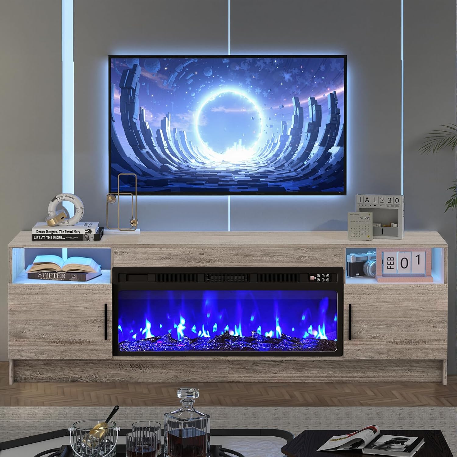 Kucreiheat TV Stand with Fireplace, Led Lights-Entertainment Center for Up to 80 inch TV-Modern TV Console for Living Room with Storage Cabinet, Faux Log Fireplace TV Stand, Oak Grey