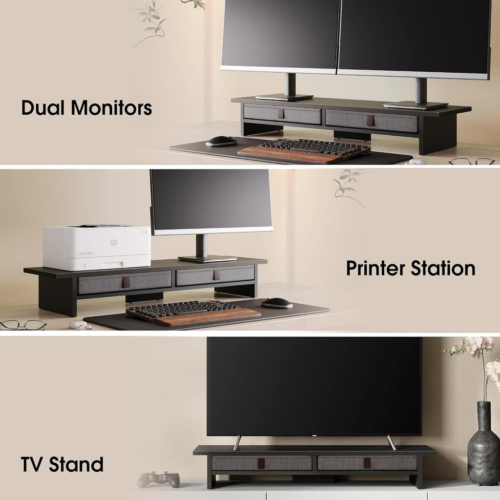 Fenge Monitor Stand with Drawer, 2 Tiers Dual Monitor Riser for Desk, 35 Inch Computer Stand for 2 Monitors, Desk Shelf for Home, Office, Laptop, PC, TV, Printer