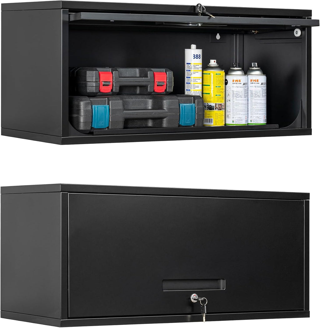 Yizosh Metal Garage Cabinet with Doors, Wall Mounted Storage Cabinet, Floating Tool Cabinet for Basement, Kitchen, Warehouse (Black, 13.7" H)