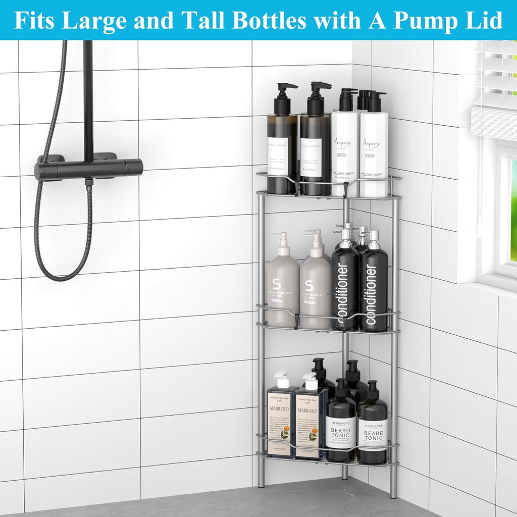 3 Tier Floor Standing Corner Shower Caddy Organizer Shelf with Hooks, Bathroom Shelves Stand Rack, Gray
