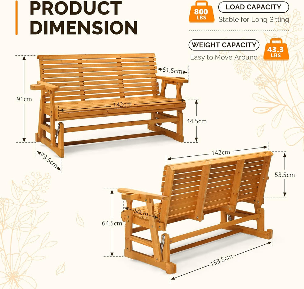 VINGLI Wooden Patio Glider, Heavy Duty 800 LBS Outdoor Glider with Cup Holder...