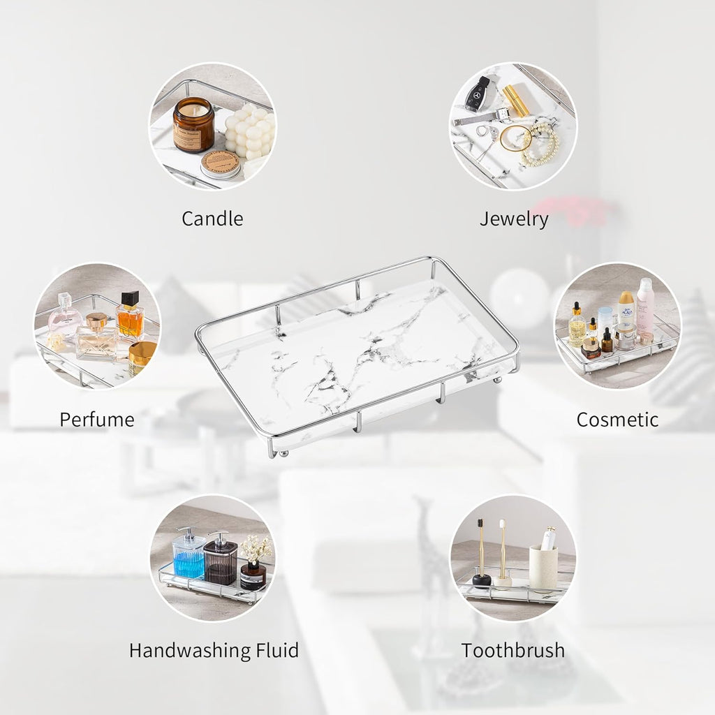 Vanity Tray Makeup Organizer Cosmetics Storage Bathroom Skincare Organizer Countertop Display Rack in Dresser Stainless Steel Shelf Marble Print Ceramic Trays