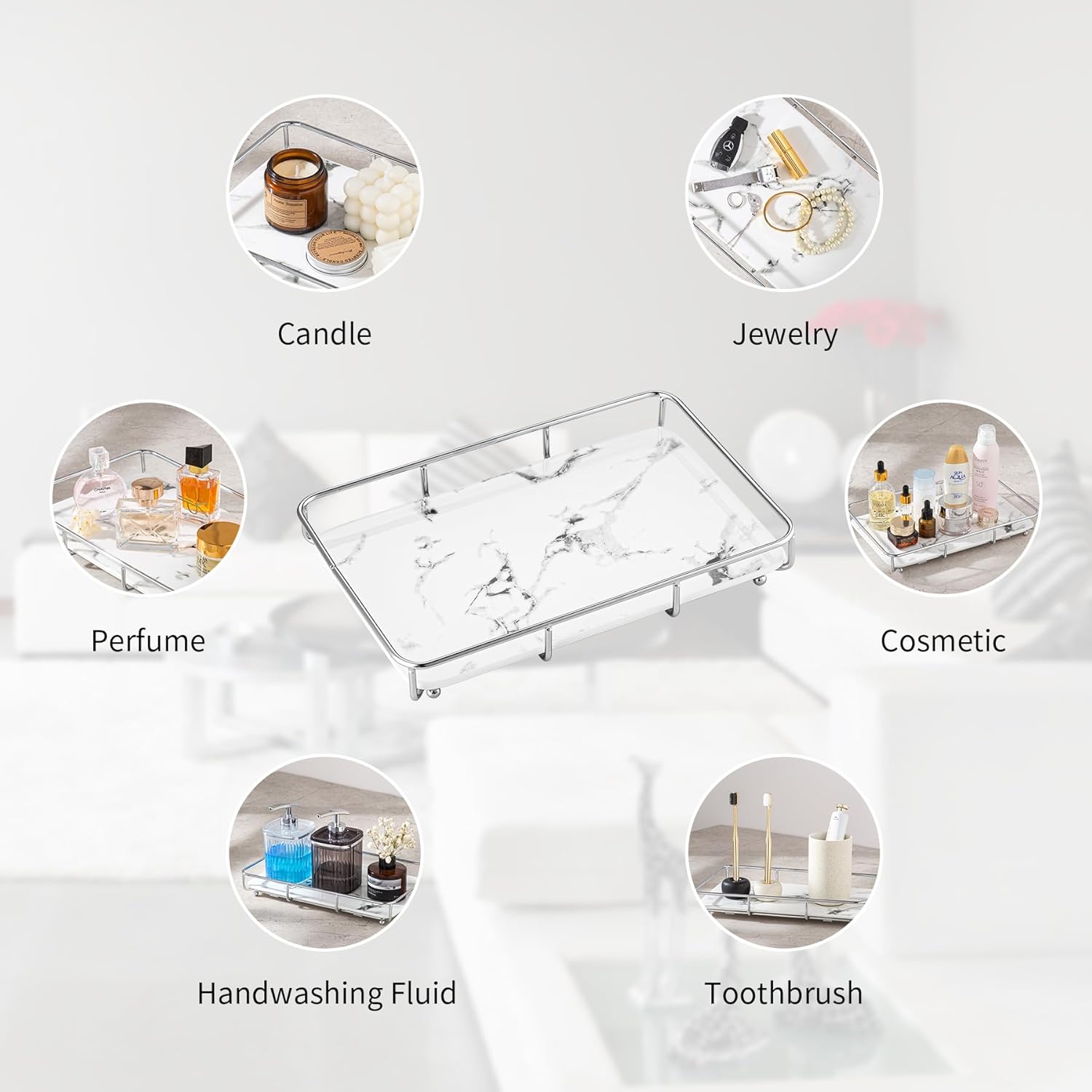 Vanity Tray Makeup Organizer Cosmetics Storage Bathroom Skincare Organizer Countertop Display Rack in Dresser Stainless Steel Shelf Marble Print Ceramic Trays