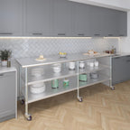 AmGood Stainless Steel Work Table with 2 Shelves and Casters | Metal Utility Table On Wheels (Stainless Steel, 96" Long x 30" Deep)