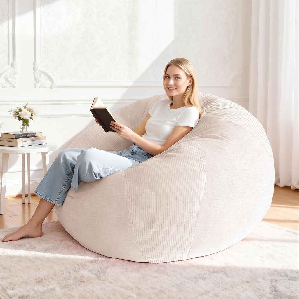 Homguava 4FT Bean Bag Chairs for Adults Teardrop BeanBag Chair Comfy Memory Foam Bean Bags Two-Tone Distressed Velvet&Corduroy Washable Cover for Living Room, Home (Corduroy, White)