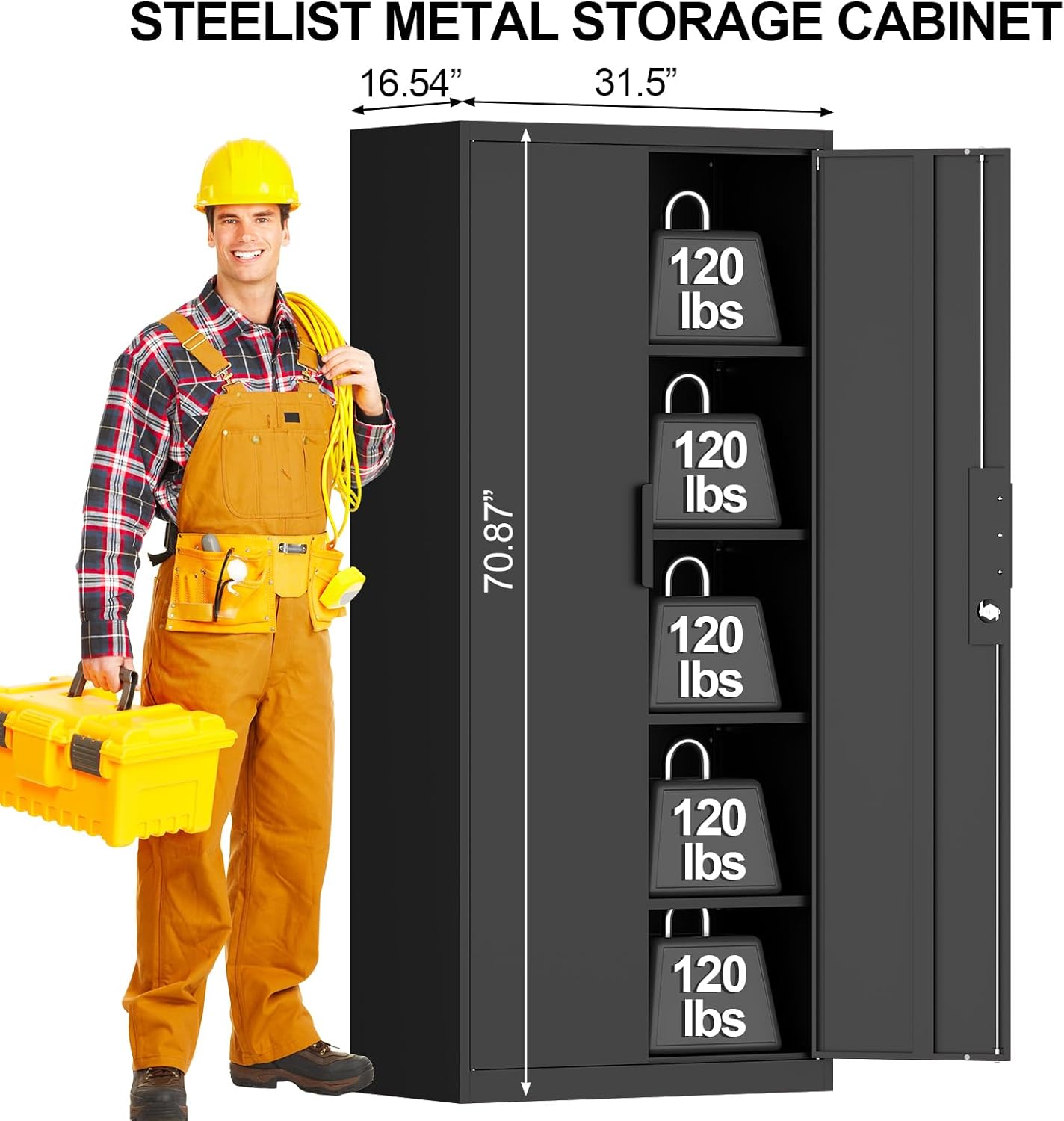 Metal Garage Storage Cabinets, 71" H Black Storage Cabinet for Basement, Heavy Duty Organizer with Adjustable Shelves, Locking Cabinet with 2 Keys, Tall Garage Organizer for Tools