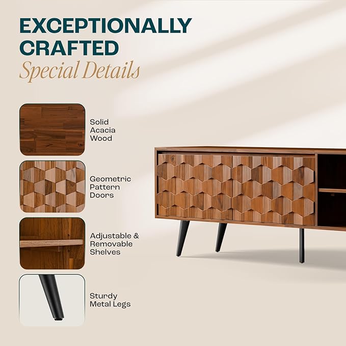 Bme Georgina 65-Inch Solid Acacia Wood TV Stand, Quick Assembly Entertainment Center with Storage, Geometric Pattern Console for Living Room, Bedroom, and Dining Room, Dark Choco