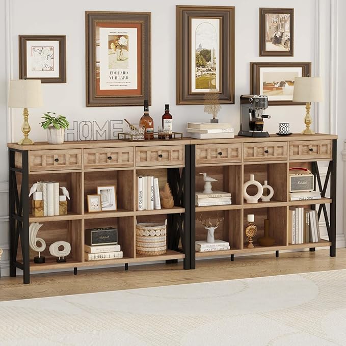 FATORRI Rustic 6 Cube Storage Organizer Shelf with 3 Drawers, Long Horizontal...
