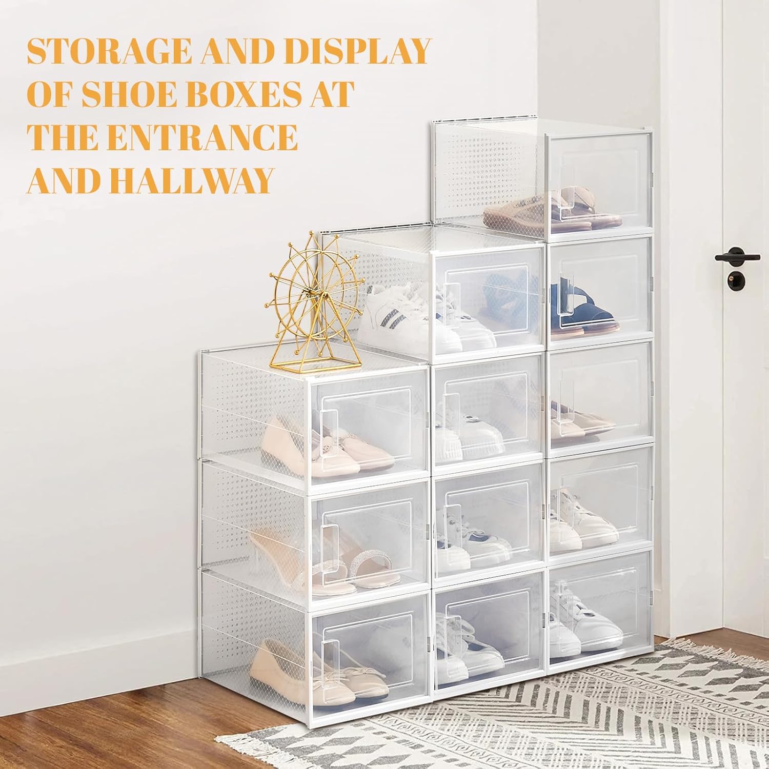 Shoe Boxes, Stack Without Toppling Modular storage boxes combine freely for use in closets, under beds, hallways, and entryways. Space-saving. (Transparent, 12 Pack)