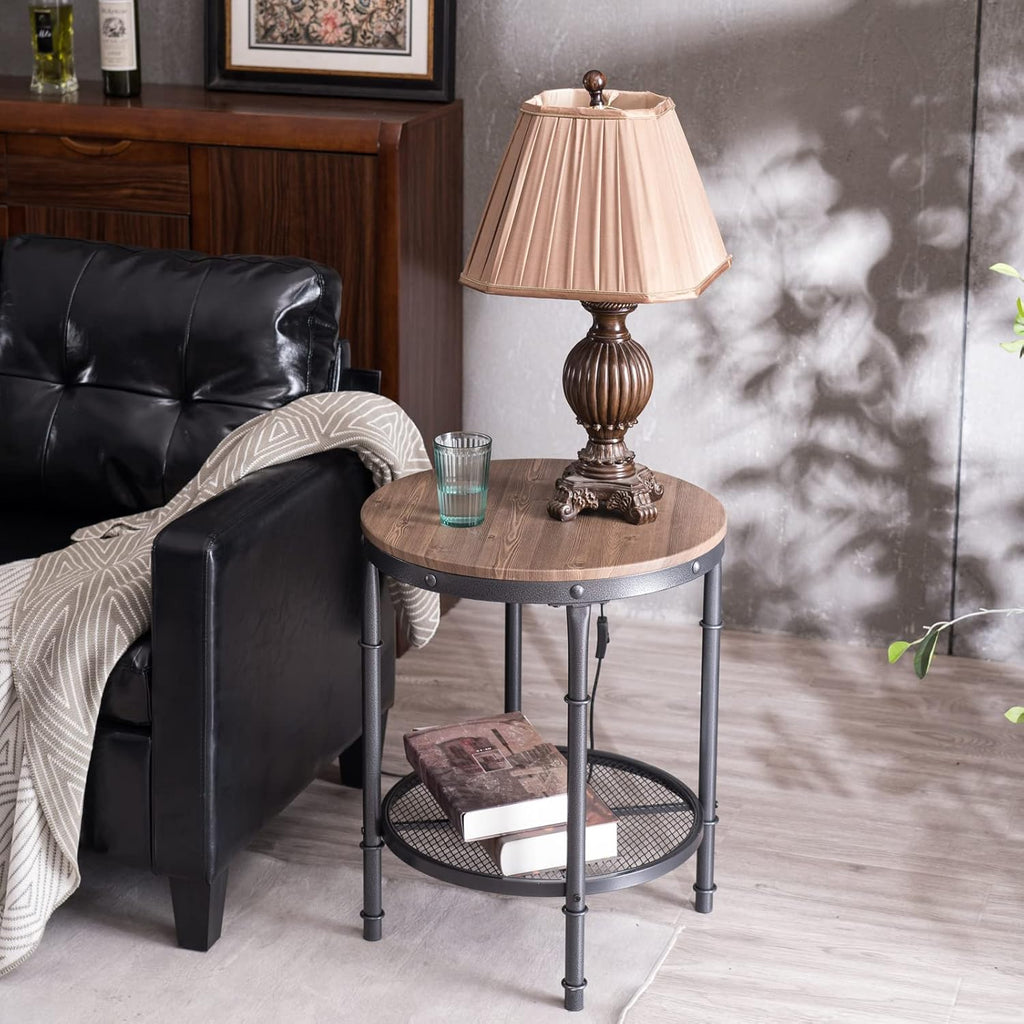 VINGLI 20" Round Side Table, Small End Tables Living Room, Brown | Industrial Center Table with Metal Mesh, Rustic Farmhouse Side Tables for Bedroom, Bedside, Office, Corner