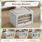FHSQX 3 Pack Clothes Storage Bins - Foldable Metal Frame Storage Box - Stackable Linen Fabric Container Organizer Set with Carrying Handles and Clear Window (Light Gray, 19.7x15.7x13inch(66L))