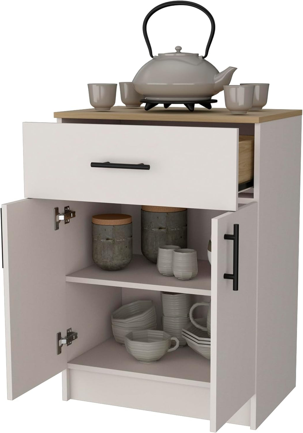 Kitchen Pantry in Melamine with 2 Doors and 1 Drawer, Ivory/Natural Oak