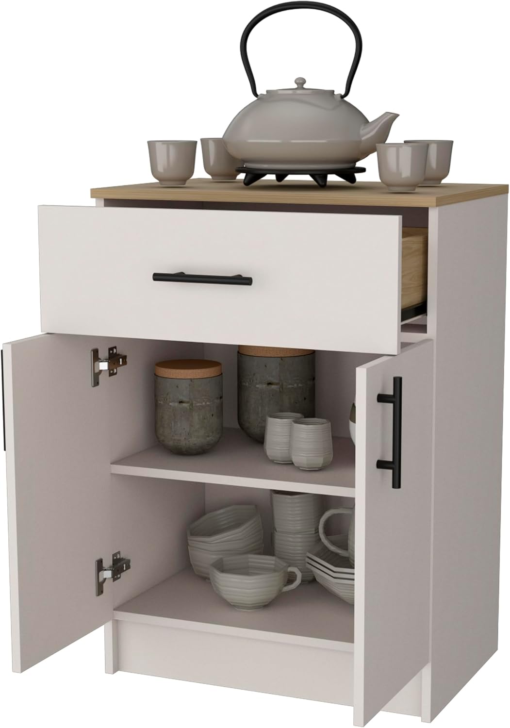 Kitchen Pantry in Melamine with 2 Doors and 1 Drawer, Ivory/Natural Oak