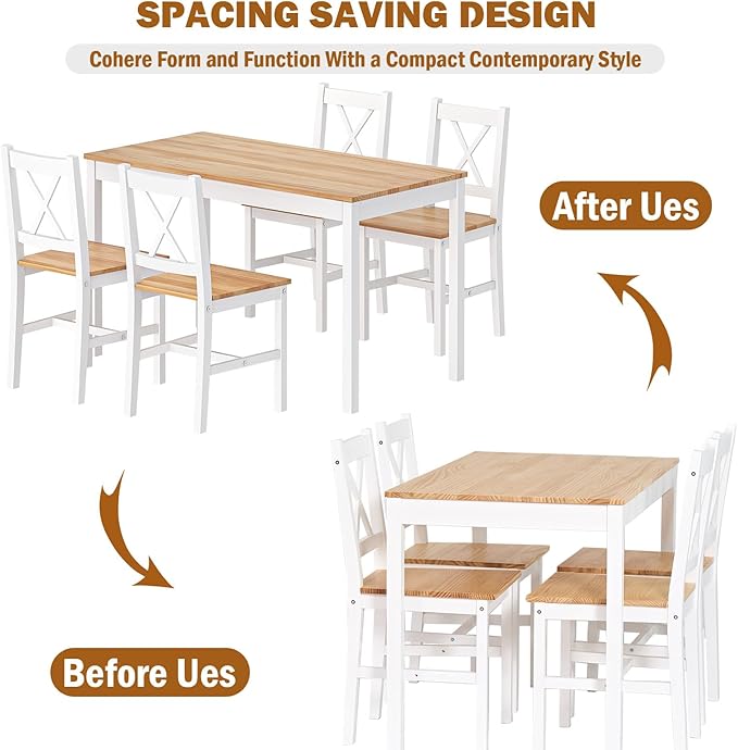 soges Dining Table Set for 4, 42.5 inch Pine Wood Dining Room Table with 4 Chairs, 5-Piece Kitchen Table Chairs Set for Small Space, Apartment, Dinette, Breakfast, White and White