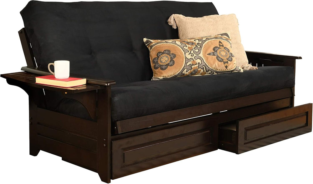 Phoenix Full Size Futon Couch with Espresso Finish with Suede Black Mattress ...